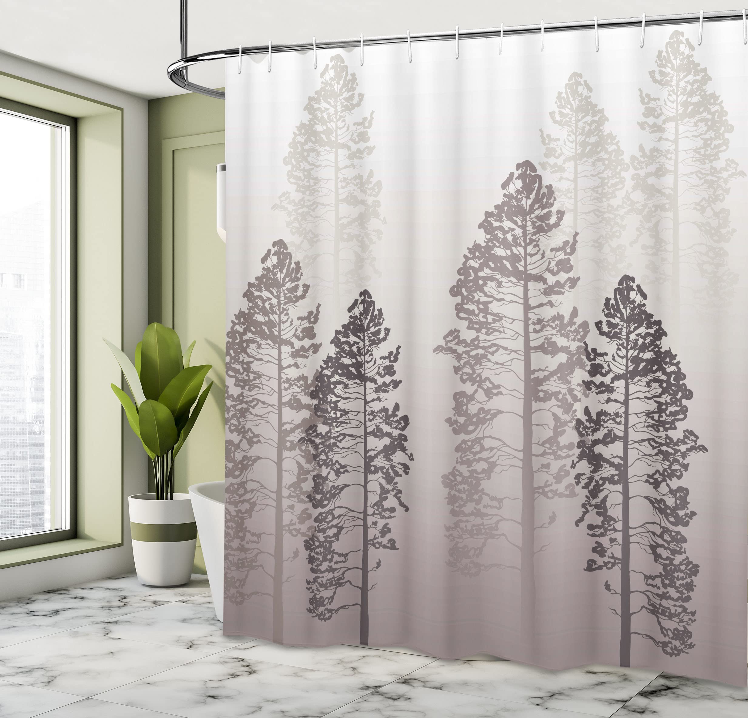 Ambesonne Country Shower Curtain, Pine Trees In The Forest On Foggy Seem Ombre Backdrop Wildlife Adventure Artwork, Cloth Fabric